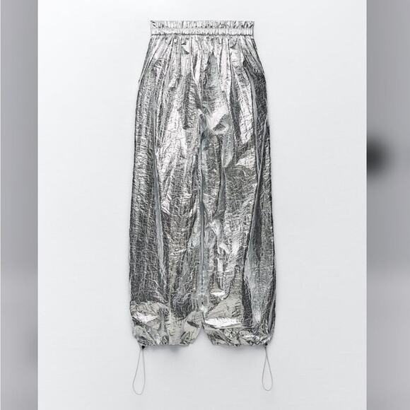 Zara Silver WIDE LEG METALLIC PANTS Size Large - Picture 9 of 13